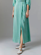 Detail view of Phoebe Long Dress - Silk Road Stripes in Green/Blue | Thierry Colson Fall 2024 Collection