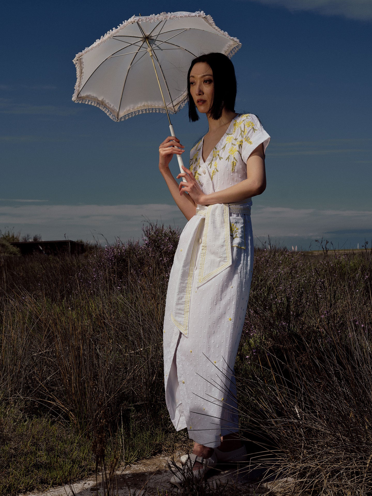 BB Long Dress - Mimosa Embroidery | White & Yellow Elegance