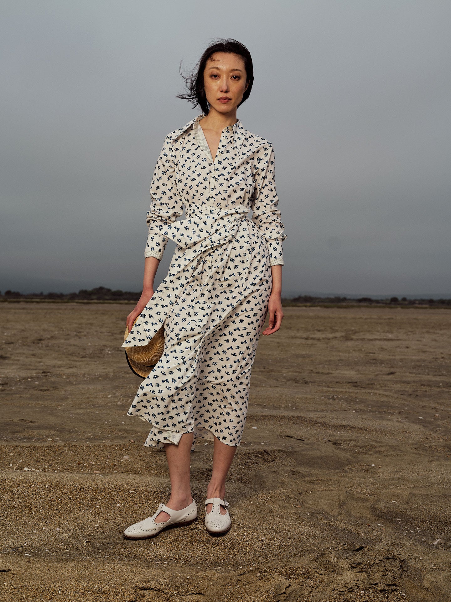 Photo lookbook of Pre spring 2025 of Alceste Shirt Dress Hand Block-Printed Delft Blue Kaftan Style by Thierry Colson photo by Stéphane Gautronneau