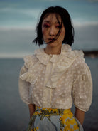 Lookbook photo of Vanina Romantic Blouse Hand Block-Printed Birds Flowers Ruffled Collar by Thierry Colson - Photo © Stephane Gautronneau