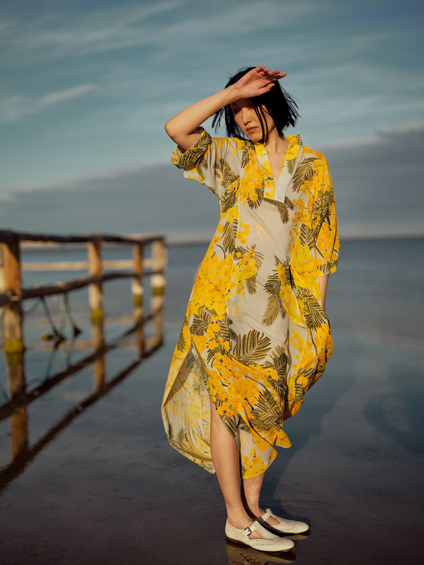 Rachel Kaftan in yellow and storm blue, inspired by mimosa gardens of the French Riviera.  PS25 collection by Thierry Colson. photographed by Stephane Gautronneau