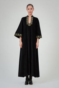 Rachel Long Sleeves Dress - Black - Embroidered Corduroy