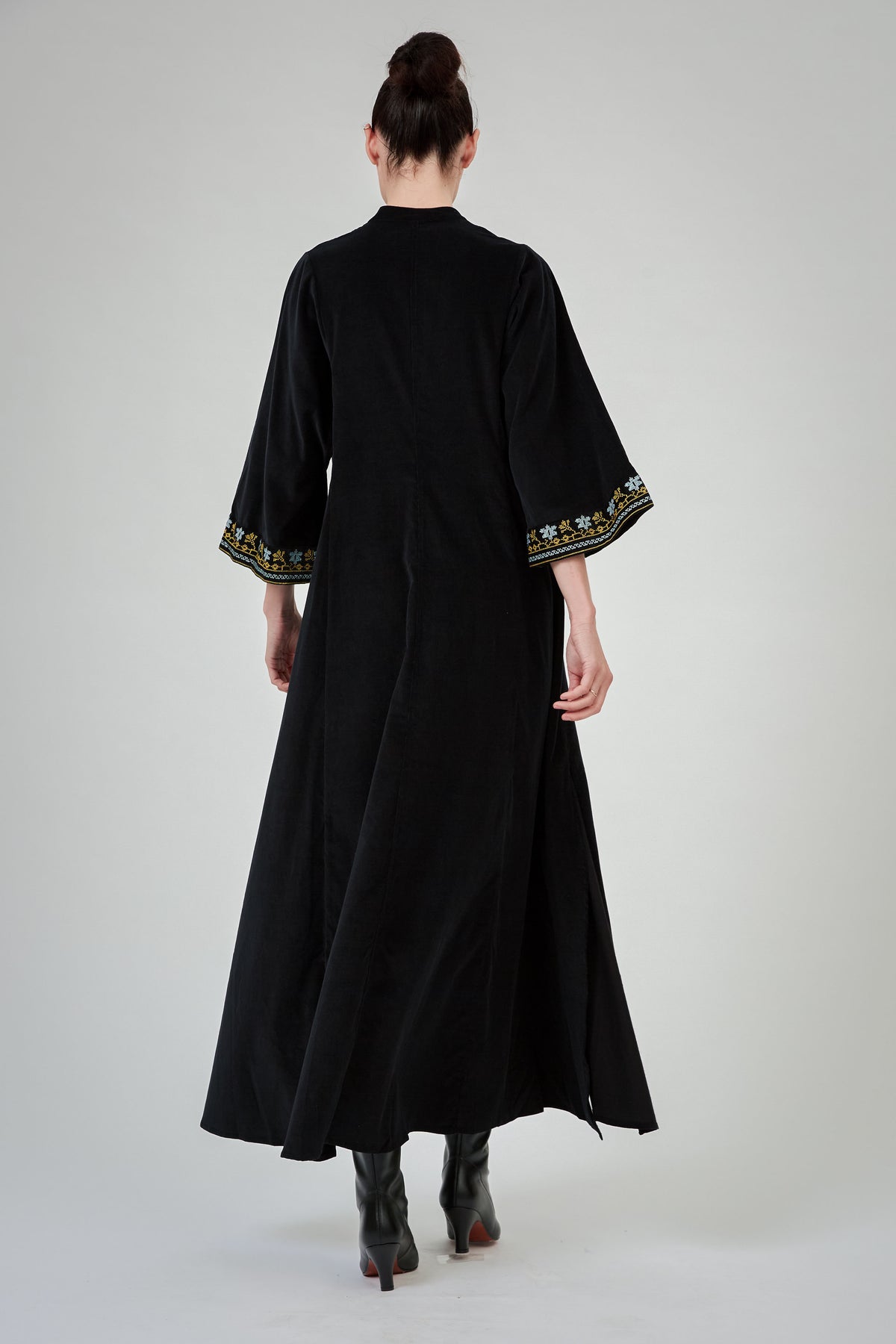 Rachel Long Sleeves Dress - Black - Embroidered Corduroy