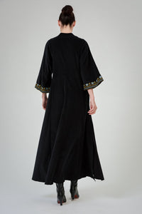 Rachel Long Sleeves Dress - Black - Embroidered Corduroy