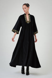 Rachel Long Sleeves Dress - Black - Embroidered Corduroy
