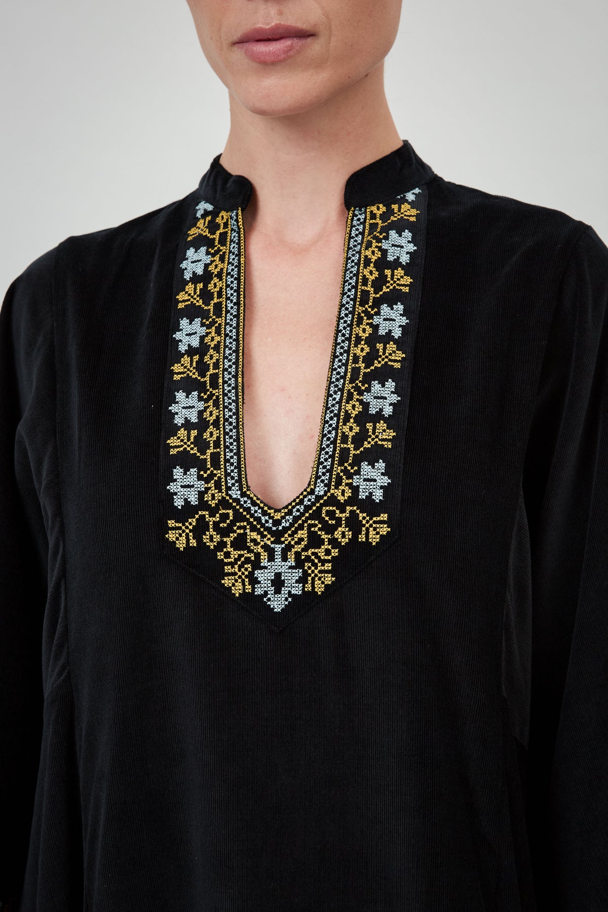 Rachel Long Sleeves Dress - Black - Embroidered Corduroy