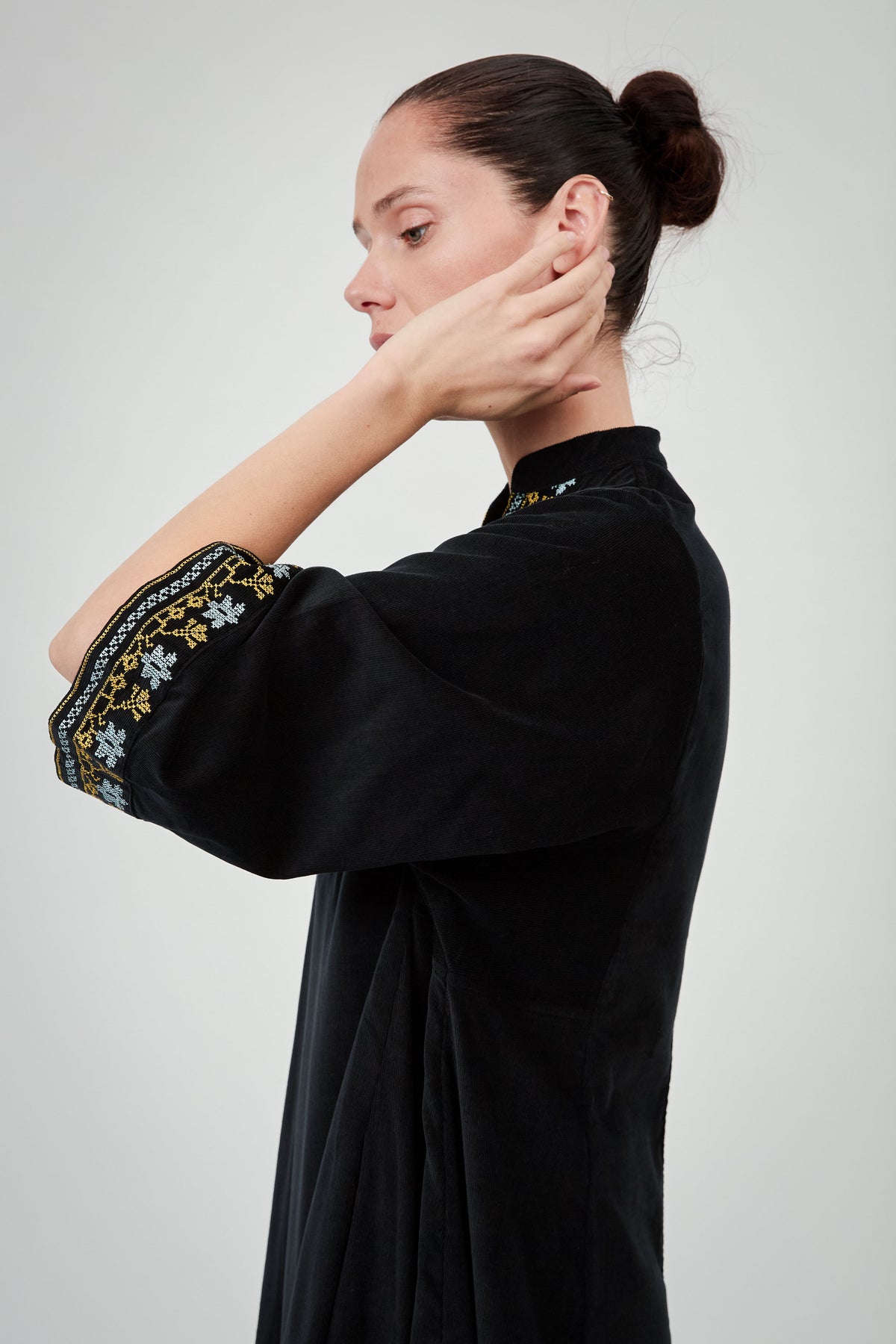 Rachel Long Sleeves Dress - Black - Embroidered Corduroy