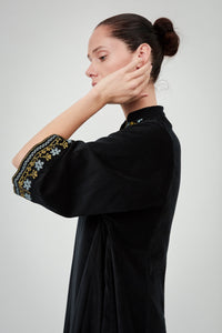 Rachel Long Sleeves Dress - Black - Embroidered Corduroy