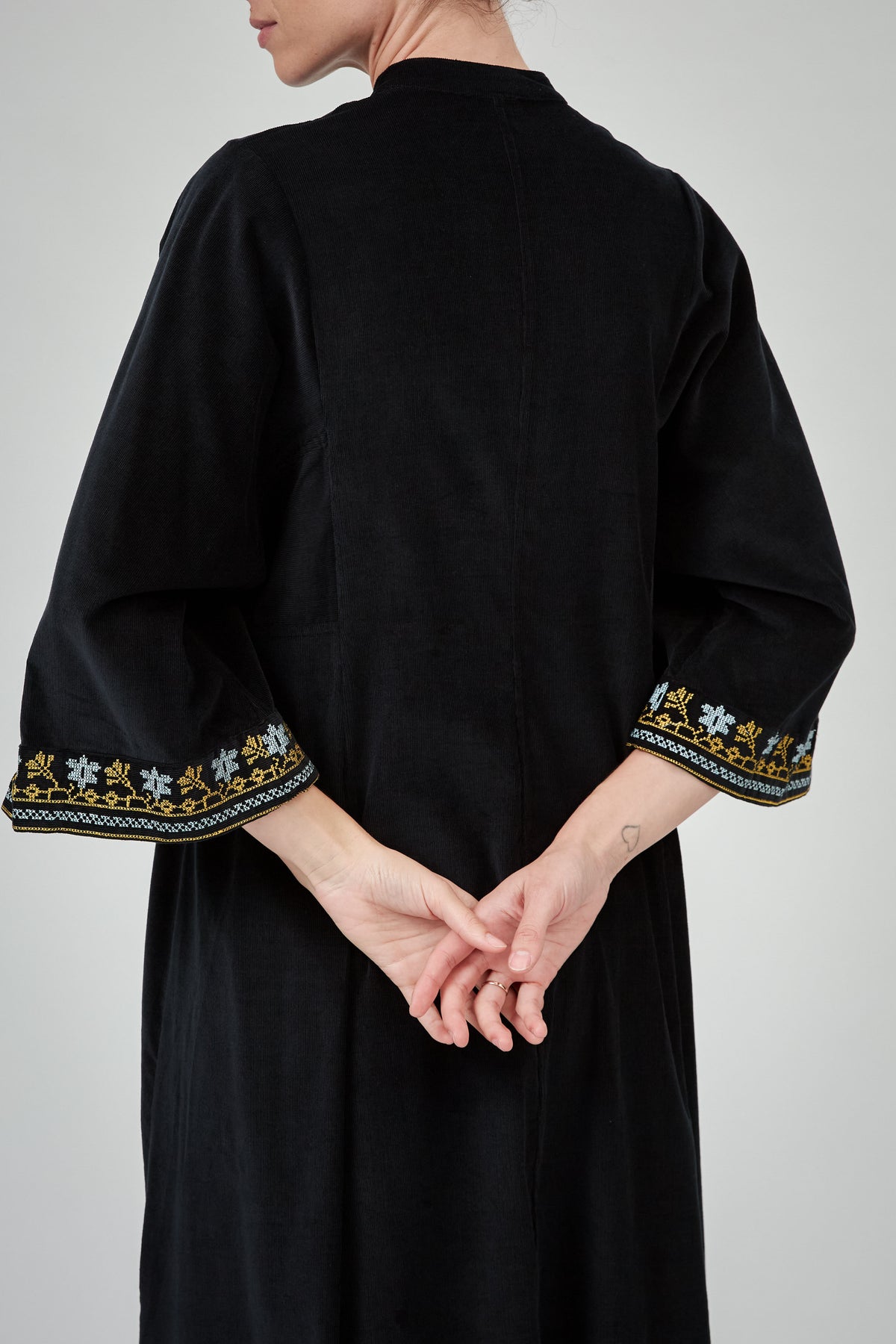 Rachel Long Sleeves Dress - Black - Embroidered Corduroy