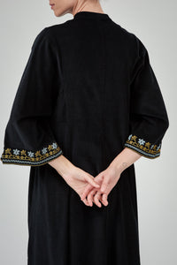 Rachel Long Sleeves Dress - Black - Embroidered Corduroy
