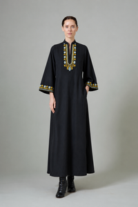 Rachel Long Sleeves Dress - Black - Embroidered Corduroy