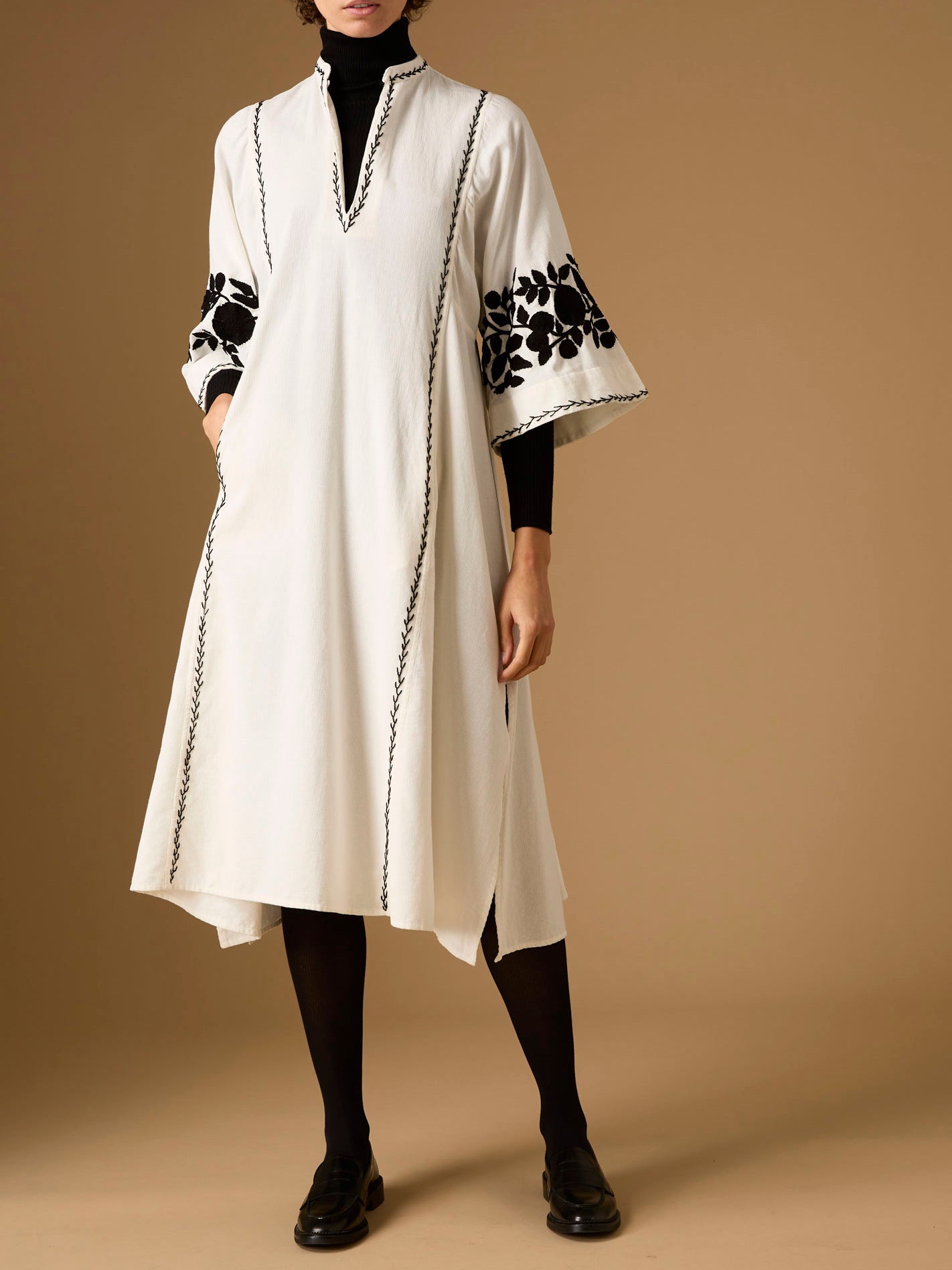 Front view of Rachel Cream/Black Midi Dress by Thierry Colson