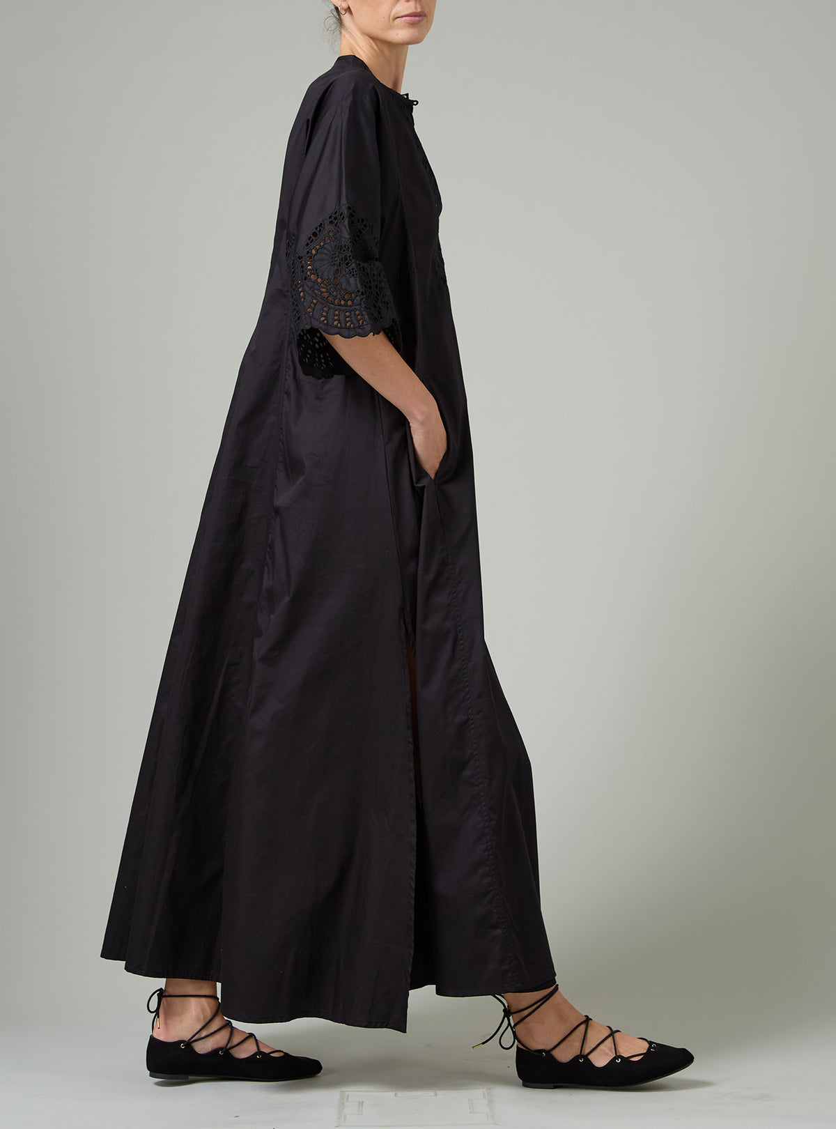 Rachel Long Kaftan - Satin Guipure - Black