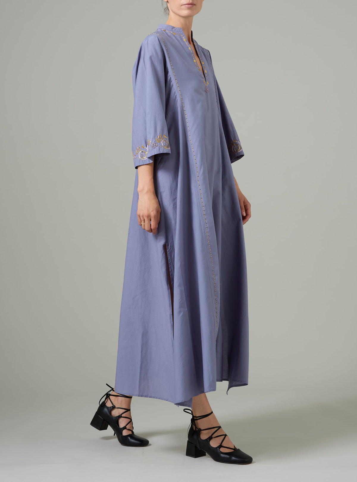 Rachel long Kaftan - Palazzo Embroidery - Storm Blue