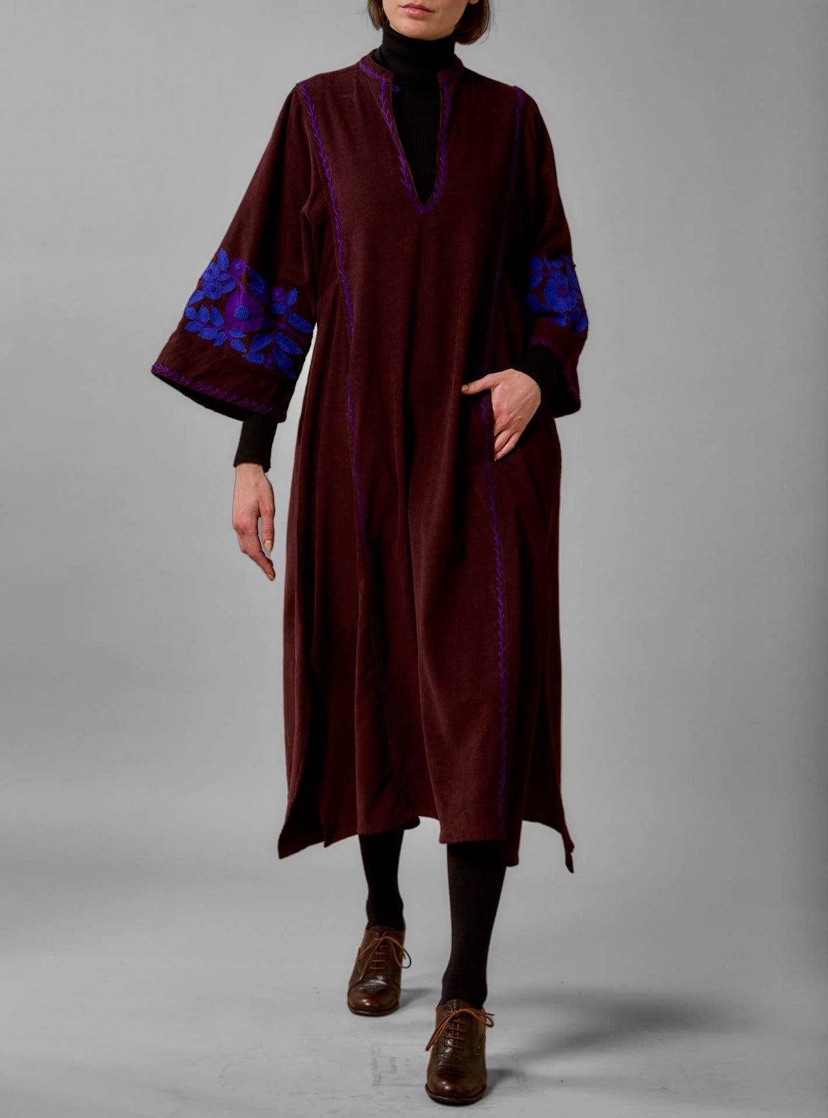 Rachel Midi Kaftan - Balkanic Embroidery - Chocolate / Cobalt & Purple