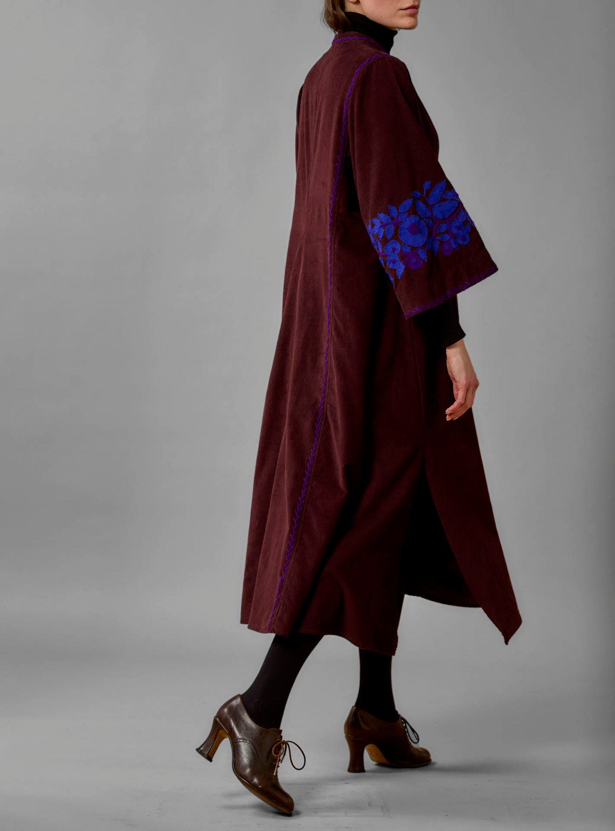 Rachel Midi Kaftan - Balkanic Embroidery - Chocolate / Cobalt & Purple