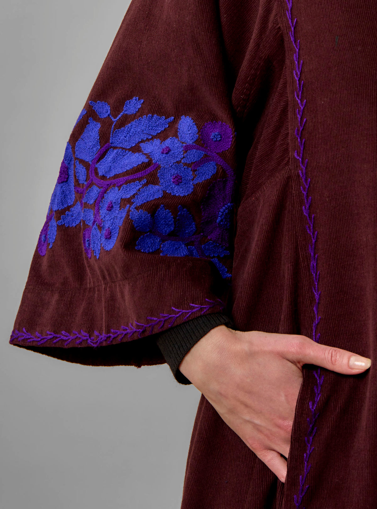 Rachel Midi Kaftan - Balkanic Embroidery - Chocolate / Cobalt & Purple