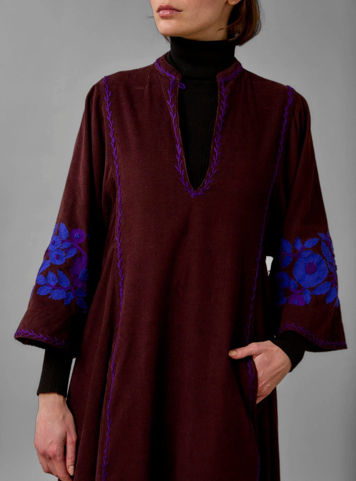 Rachel Midi Kaftan - Balkanic Embroidery - Chocolate / Cobalt & Purple