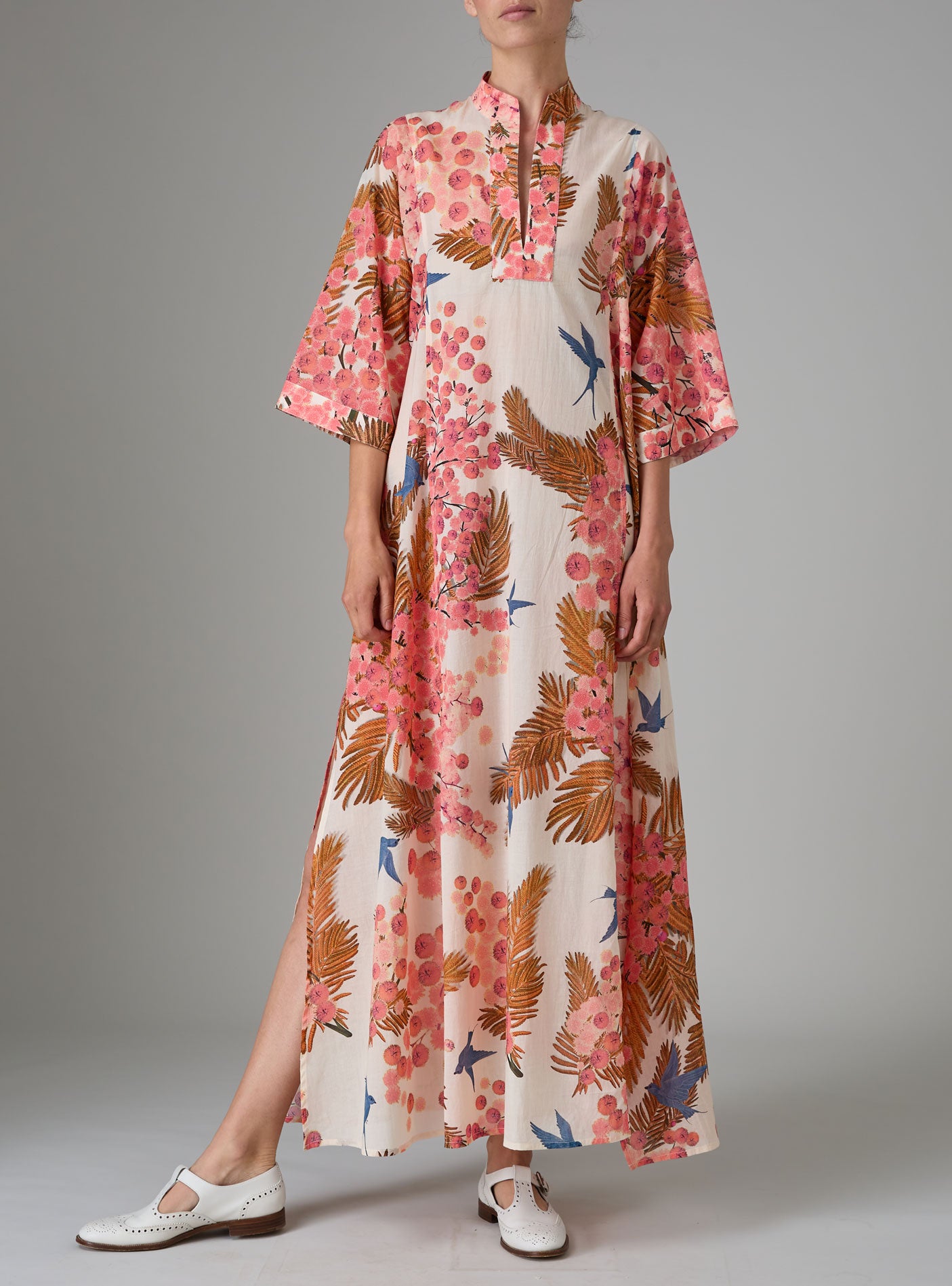 Rachel Long Kaftan with pagoda sleeves in light cotton voile, featuring pink and off-white Garden of Eden print. PS25 by Thierry Colson