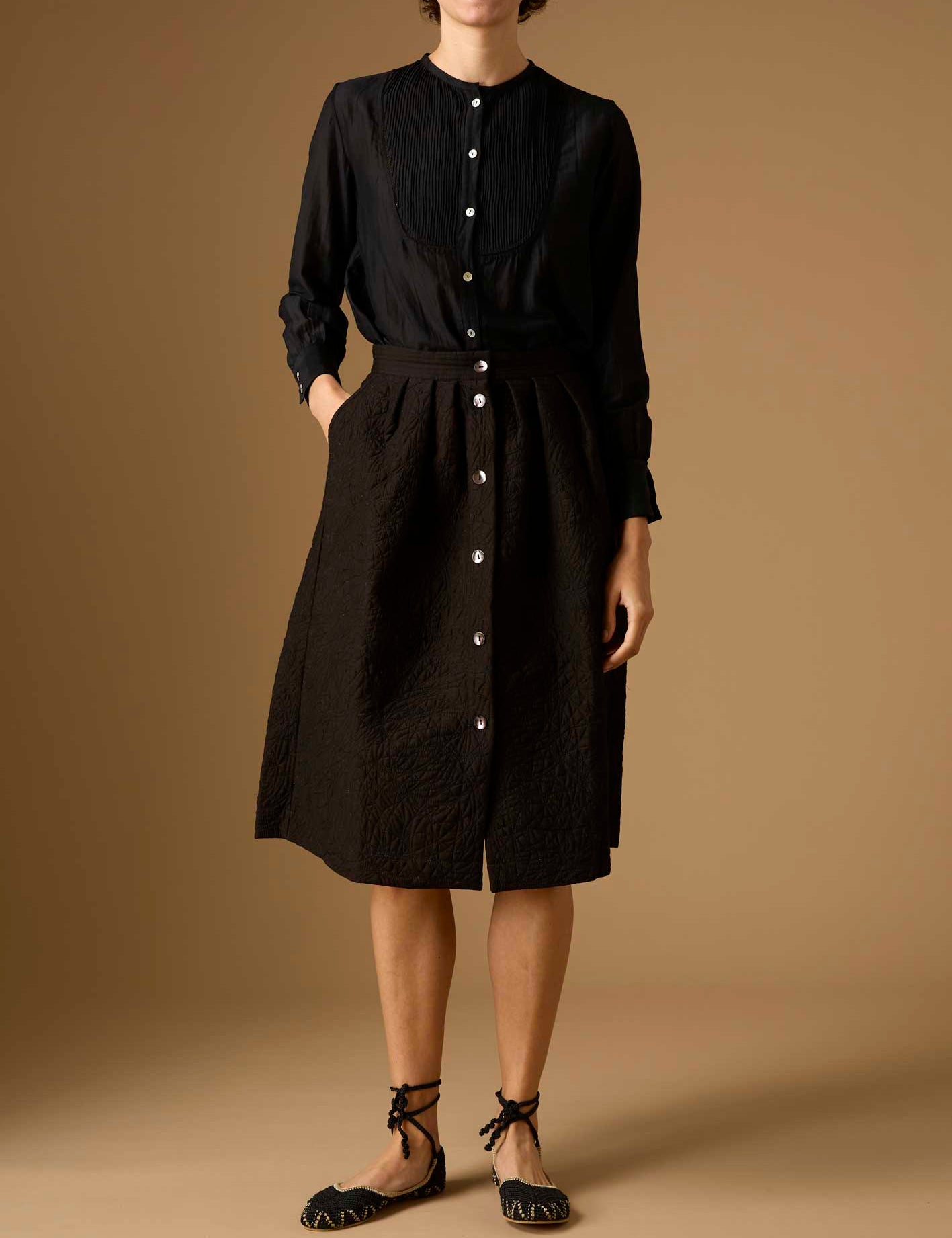 Front view of Riviera Black Cotton Silk Skirt by Thierry Colson