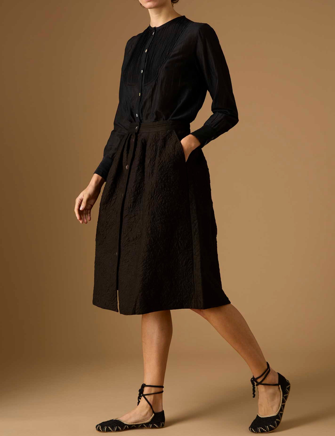 Side view of Riviera Black Cotton Silk Skirt by Thierry Colson