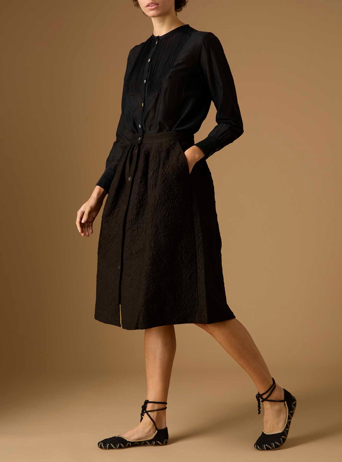 Side view of Riviera Black Cotton Silk Skirt by Thierry Colson