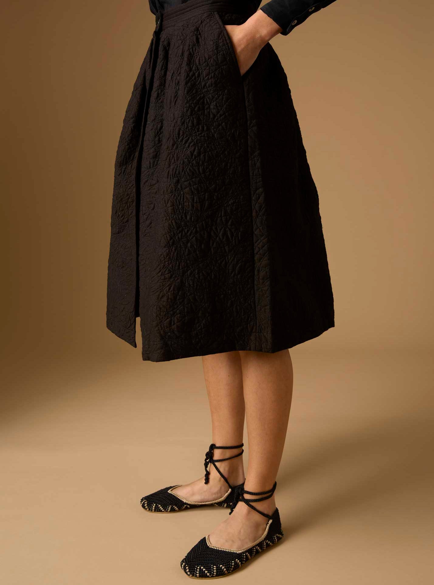 Riviera Black quilted skirt under the knees - Thierry Colson Pre Spring Collection boutis theme, traditional Provencal technic of quilting  