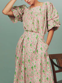 Scarlett Blouse - Parrot Print - Tyrian Pink / green