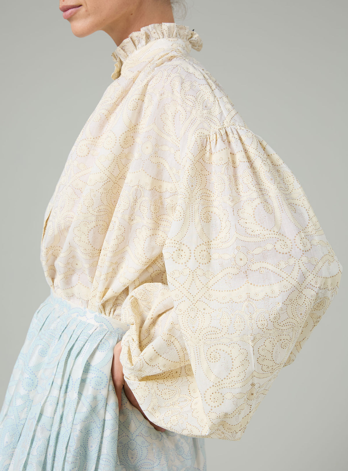 Slava Voile Blouse - Elizabethan Block print - Cream