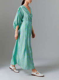 Side view of Phoebe Long Dress - Silk Road Stripes in Green/Blue | Thierry Colson Fall 2024 Collection