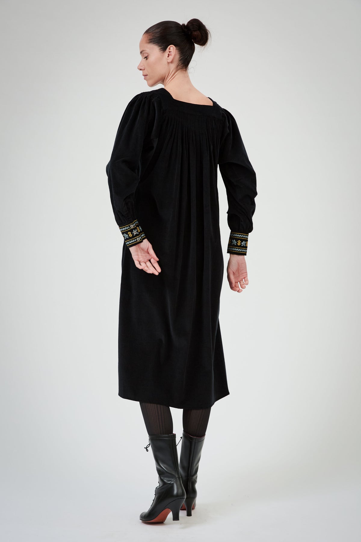 Tatiana Long Sleeves Dress - Black - Embroidered Corduroy