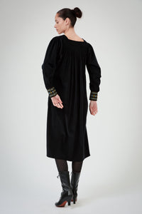 Tatiana Long Sleeves Dress - Black - Embroidered Corduroy