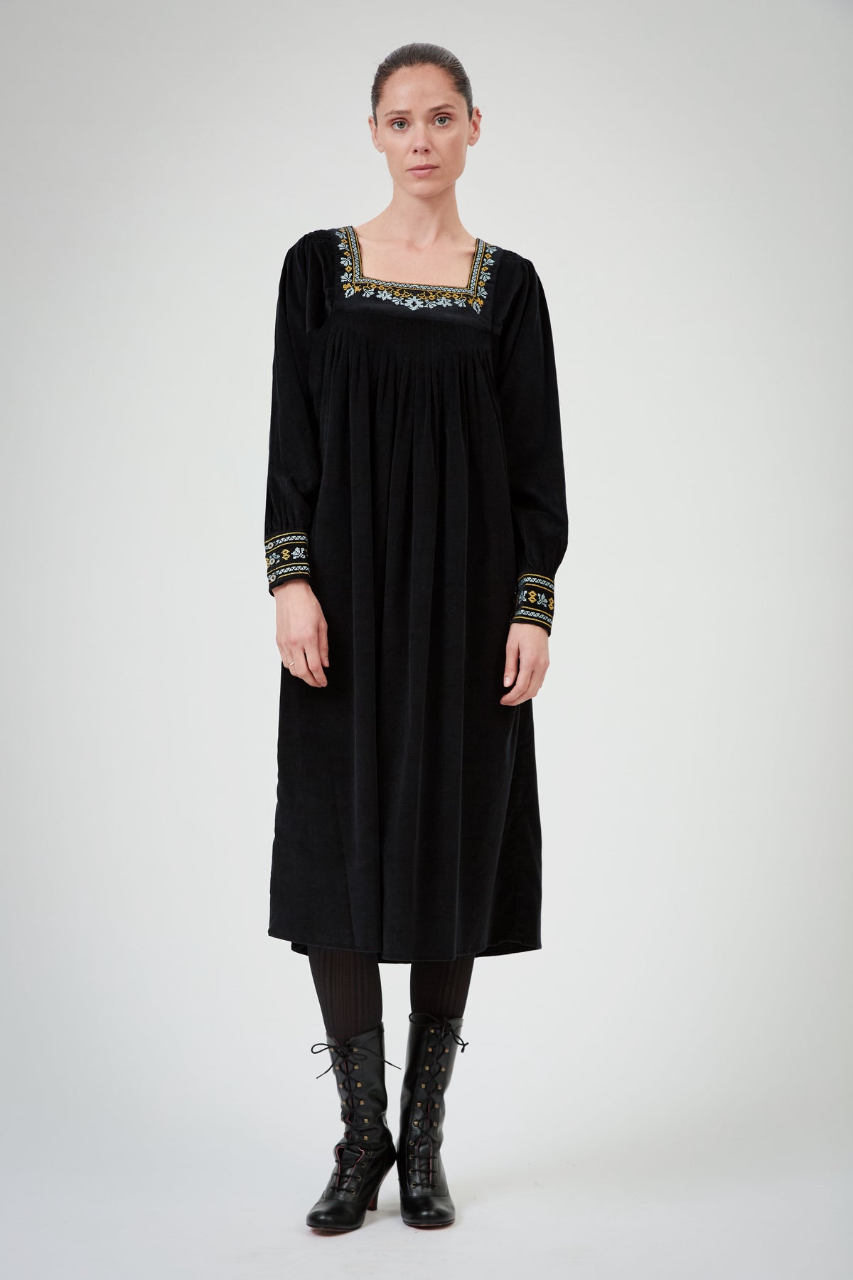 Tatiana Long Sleeves Dress - Black - Embroidered Corduroy