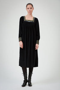Tatiana Long Sleeves Dress - Black - Embroidered Corduroy