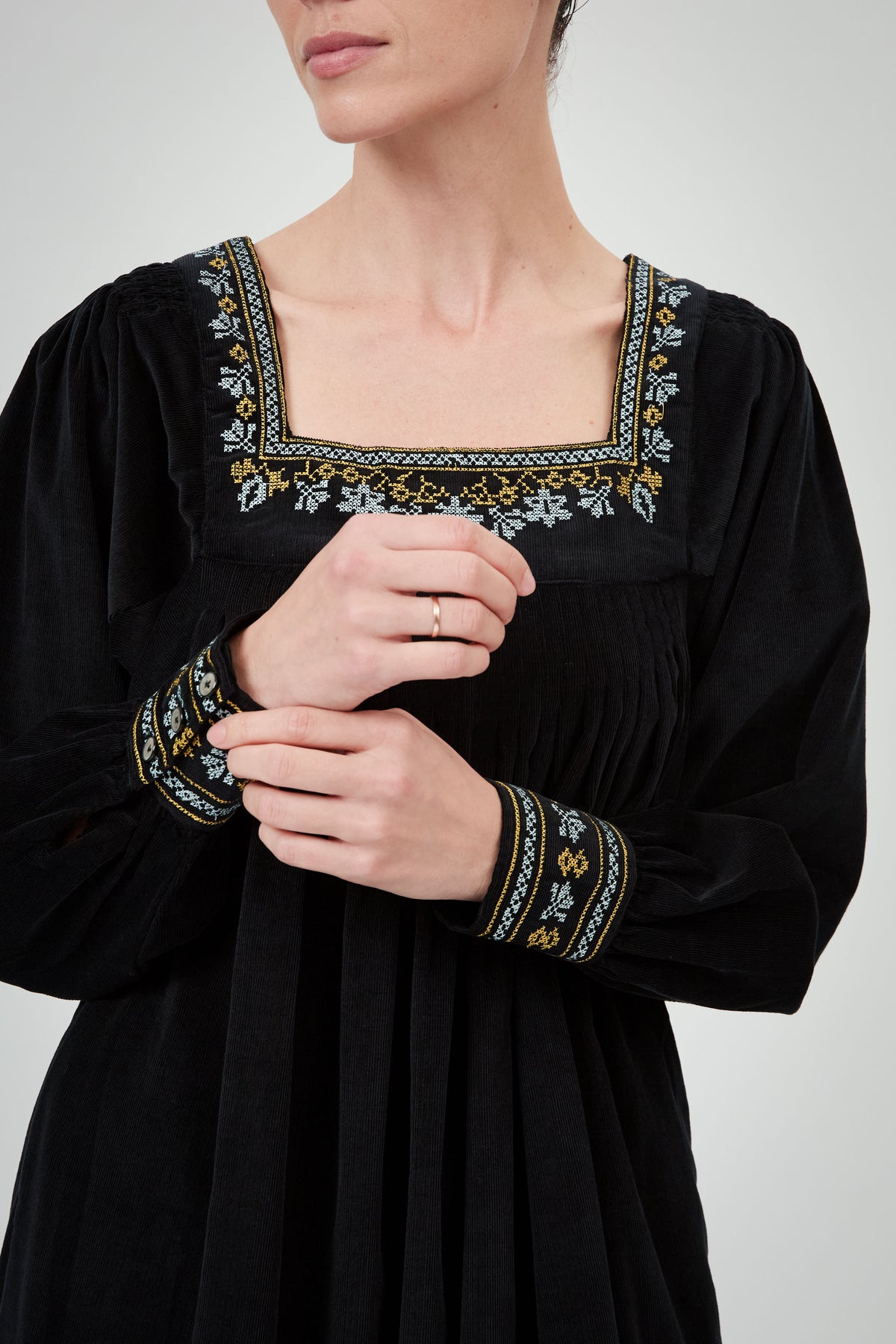 Tatiana Long Sleeves Dress - Black - Embroidered Corduroy