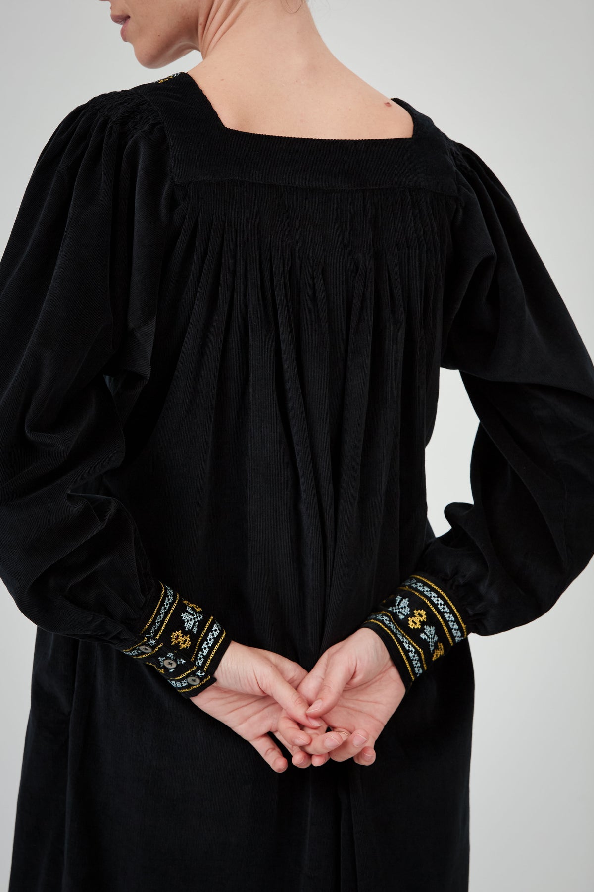 Tatiana Long Sleeves Dress - Black - Embroidered Corduroy