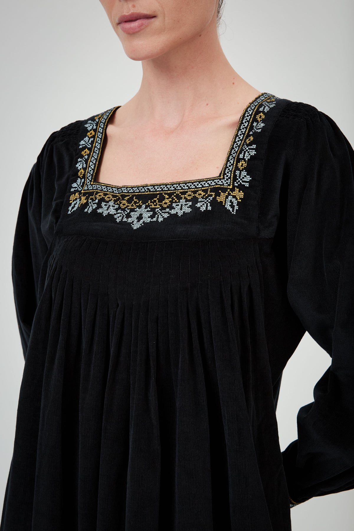 Tatiana Long Sleeves Dress - Black - Embroidered Corduroy