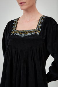 Tatiana Long Sleeves Dress - Black - Embroidered Corduroy