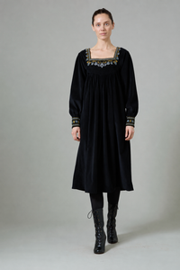 Tatiana Long Sleeves Dress - Black - Embroidered Corduroy