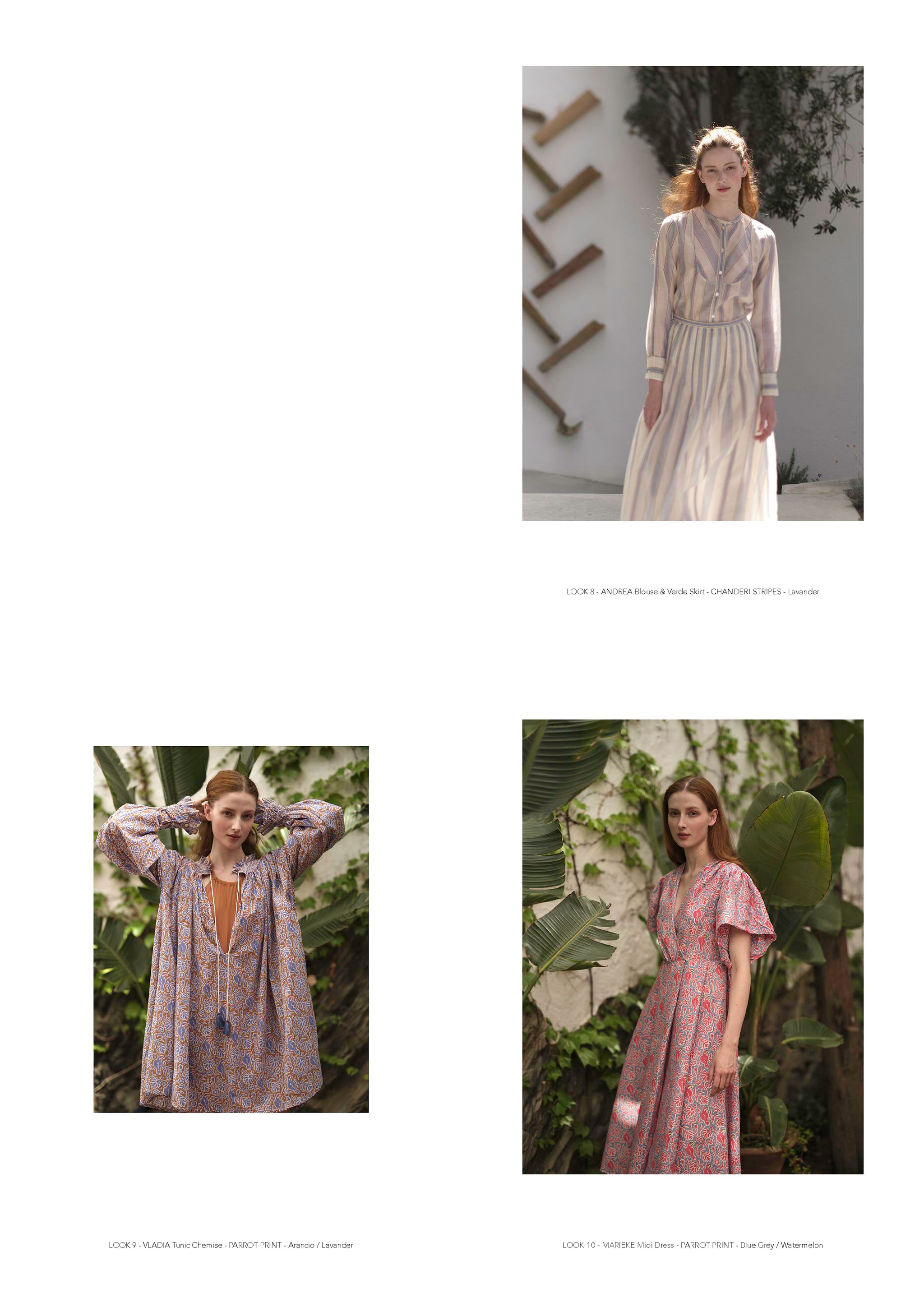 Thierry Colson Spring Summer 2024 Collection - Chanderi Stripes, Andrea blouse & Verde skirt - Parrot Print, Vladia Tunic chemise & Marieke Midi Dress