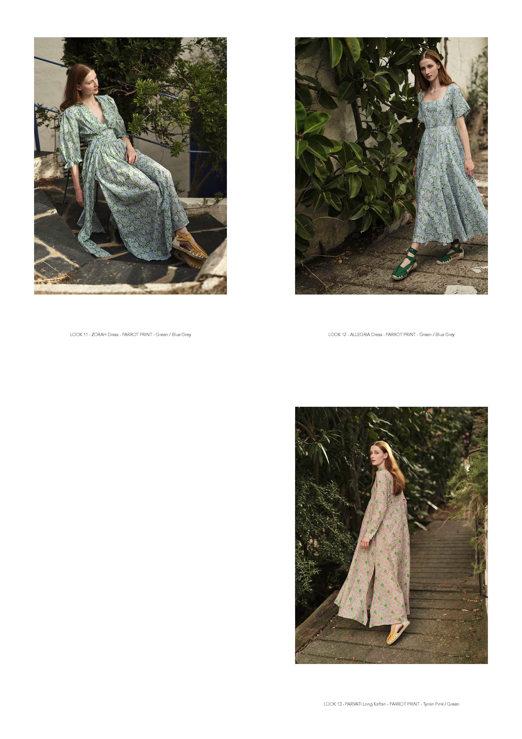Thierry Colson Spring Summer 2024 Collection - Parrot Print, Zorah dress, Allegria dress & Parvati long Kaftan