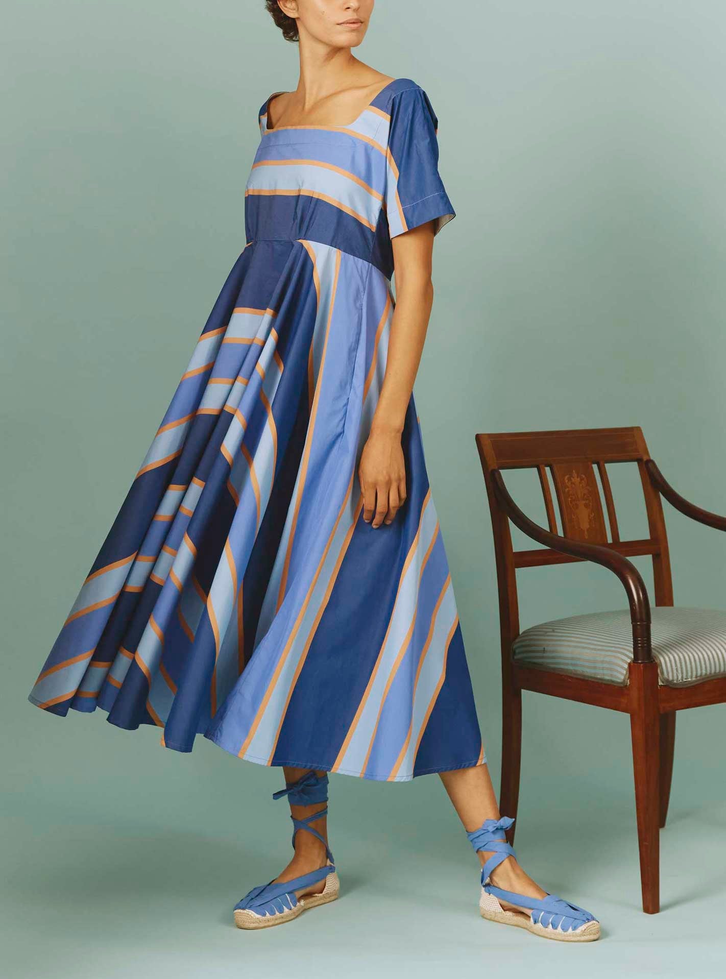 Thierry Colson's Samarkand Stripes Allegria Blue Arencio Dress - Three-quarter view