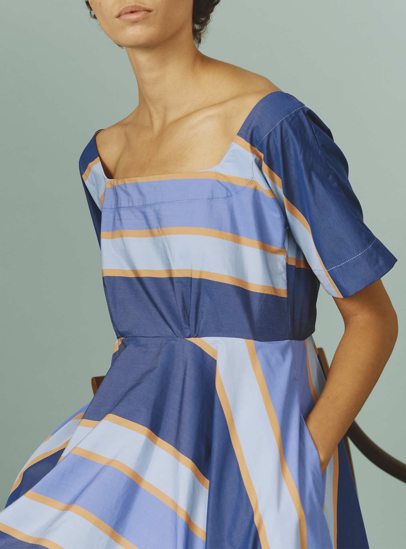 Thierry Colson's Samarkand Stripes Allegria Blue Arencio Dress - Detail of the neckline 