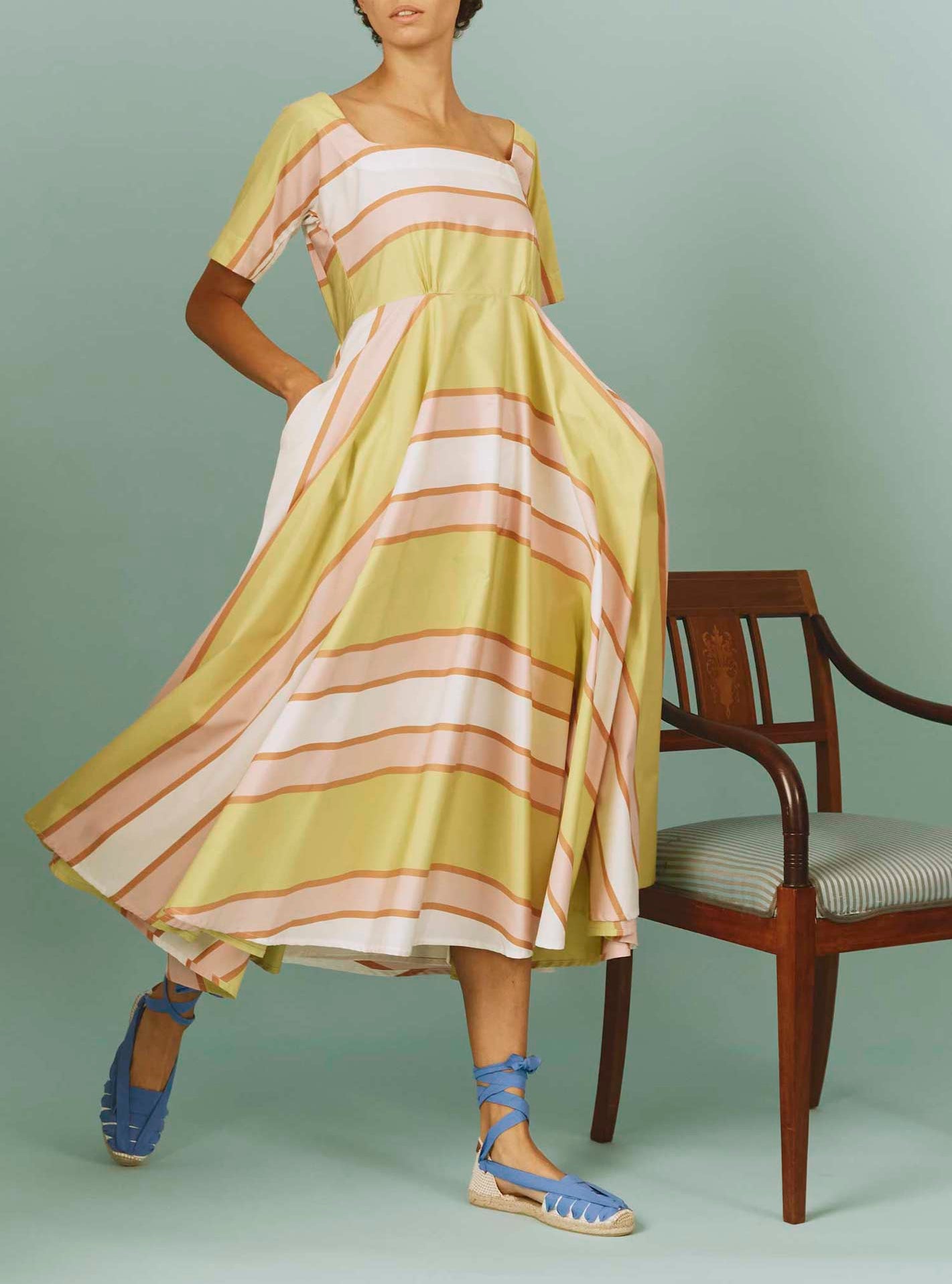 Thierry Colson's Samarkand Stripes Allegria Pink Lemon Dress  - Pockets on the sides 