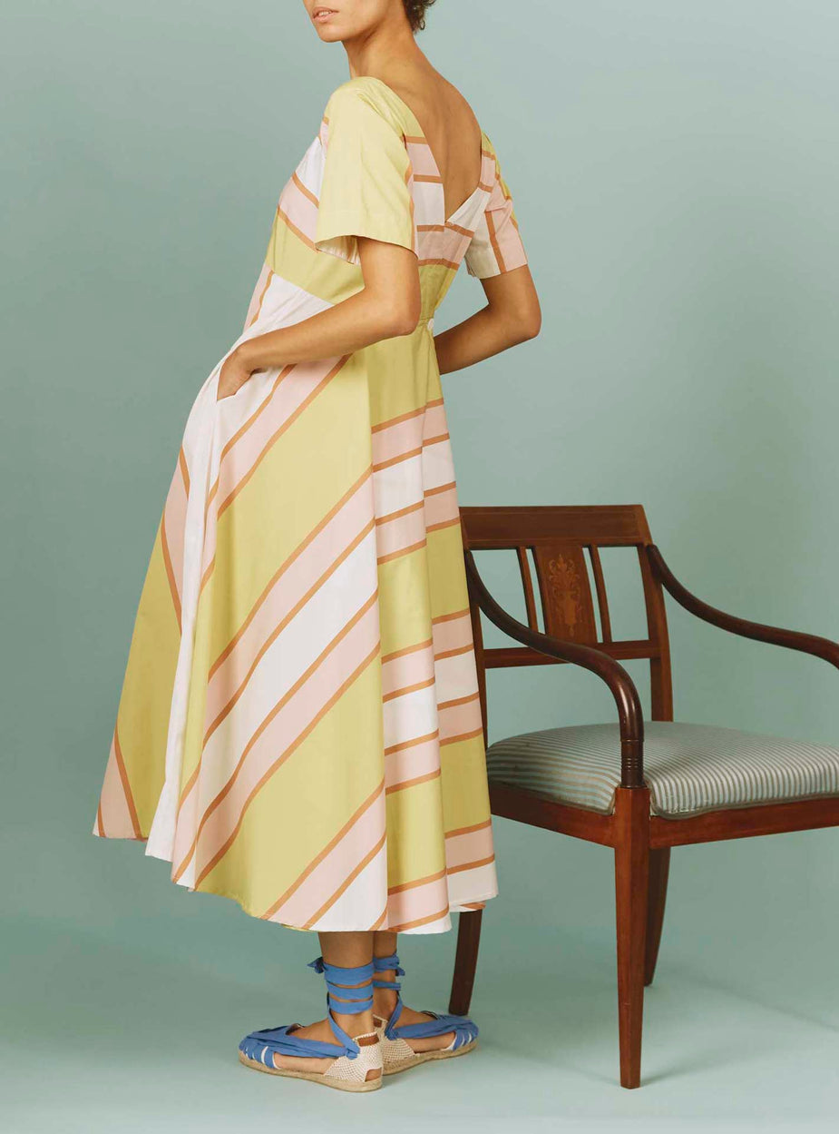 Valeria Dress - Samarkand Stripes - Off White / Blue