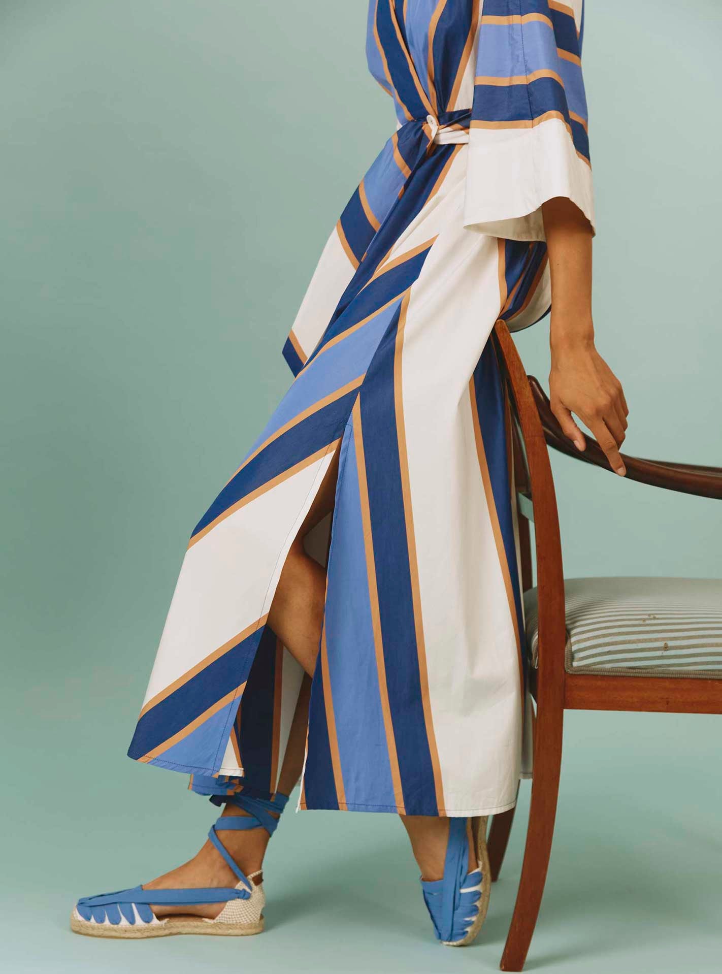 Almudena dress, detail of the bottom: Samarkand Stripes - Blue/Arancio by Thierry Colson | Spring/Summer 2024