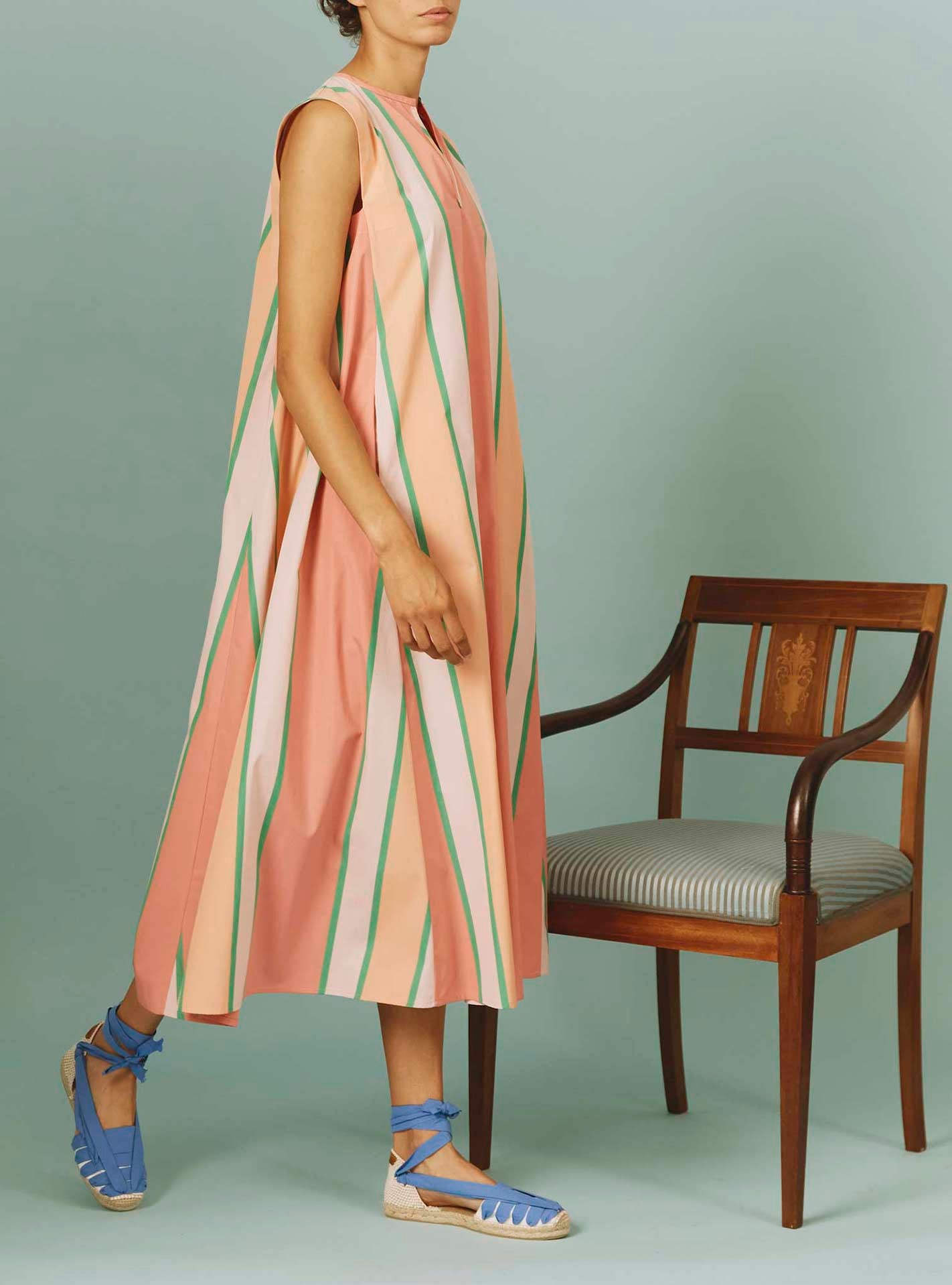 Side view of Apolonia Kaftan: Samarkand Stripes - Pink/Green by Thierry Colson | SS24 