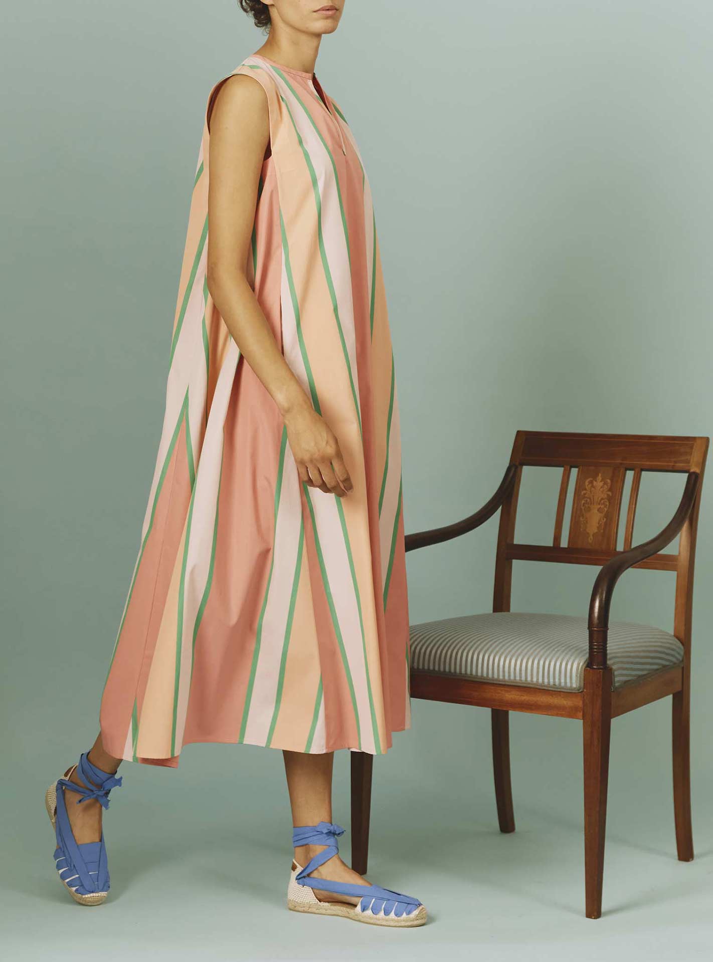 Side view of Apolonia Kaftan: Samarkand Stripes - Pink/Green by Thierry Colson | SS24 