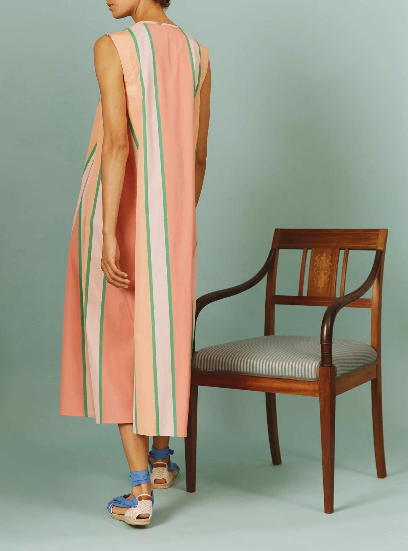 Back view of Apolonia Kaftan: Samarkand Stripes - Pink/Green by Thierry Colson | SS24 