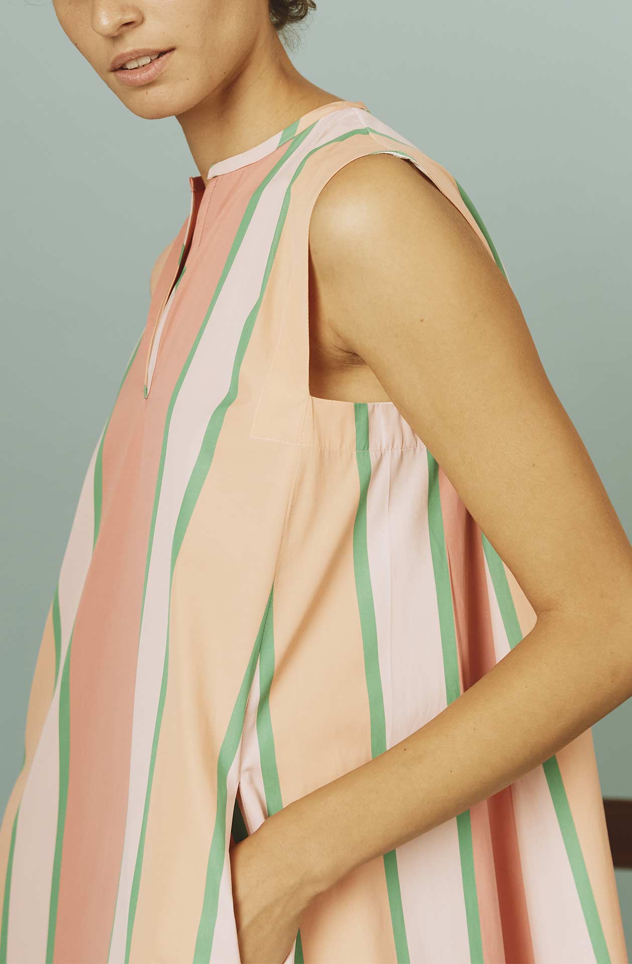 Detail of the armhole - Apolonia Kaftan: Samarkand Stripes - Pink/Green by Thierry Colson | SS24 